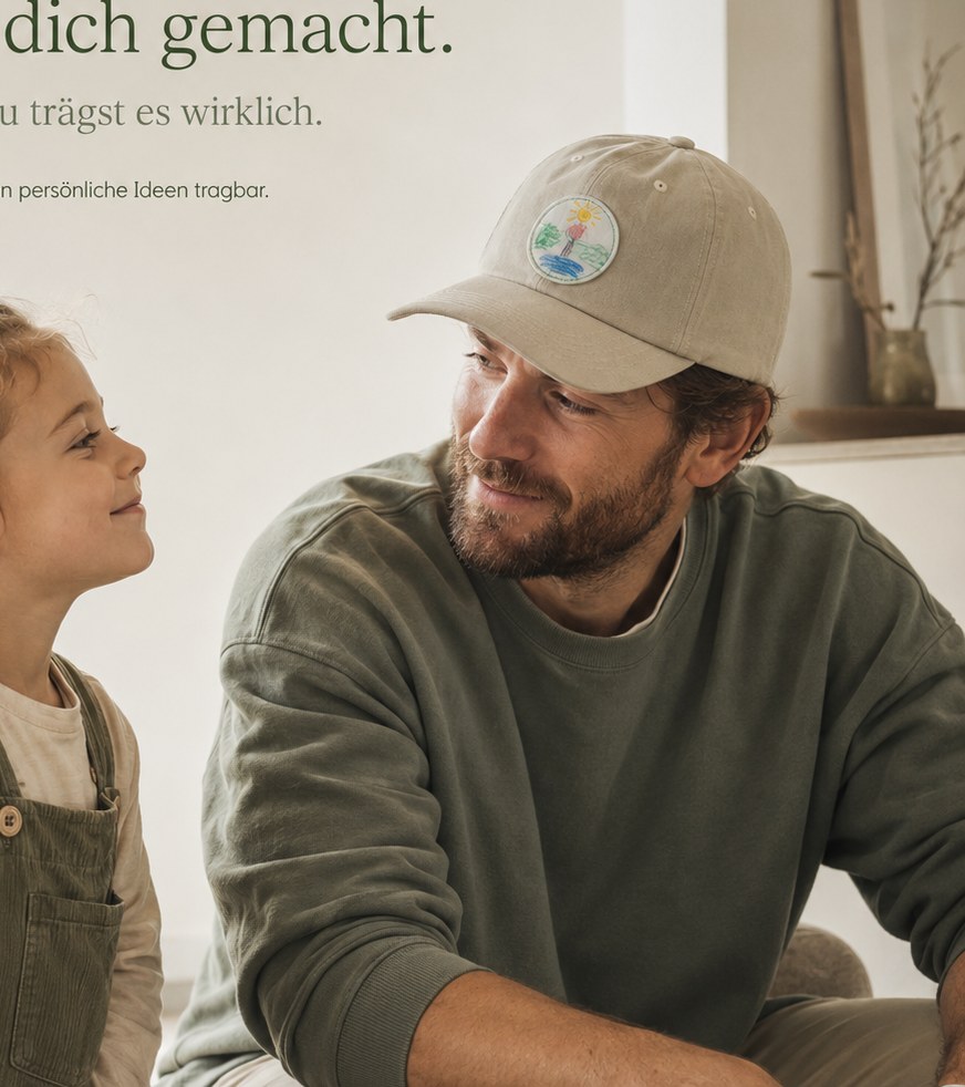 A parent wearing a cap with a child-designed Crewie while sharing a proud moment with a child