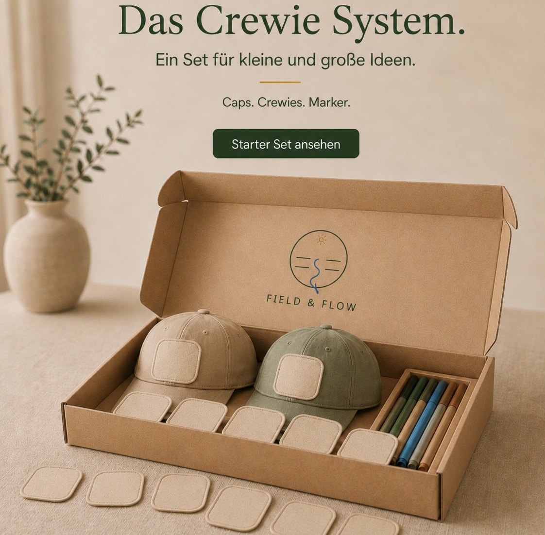 Field & Flow starter set concept with adult and children's caps, Crewies and markers